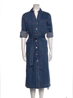 Veronica Beard Dark Blue Denim Button-Front Midi Dress with Tie Belt